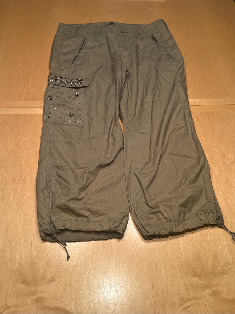 Express Olive Cargo Capri Pants with Stud Accents